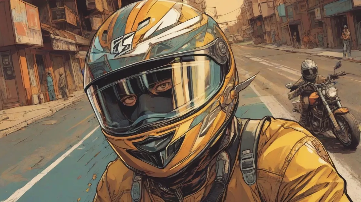 Ilustracja nowoczesnego kasku motocyklowego na jednolitym tle. Kask jest w centrum uwagi, prezentując swój elegancki design i współczesne cechy. Obraz oddaje istotę bezpieczeństwa i stylu, podkreślając kask jako niezbędny dodatek dla motocyklistów.