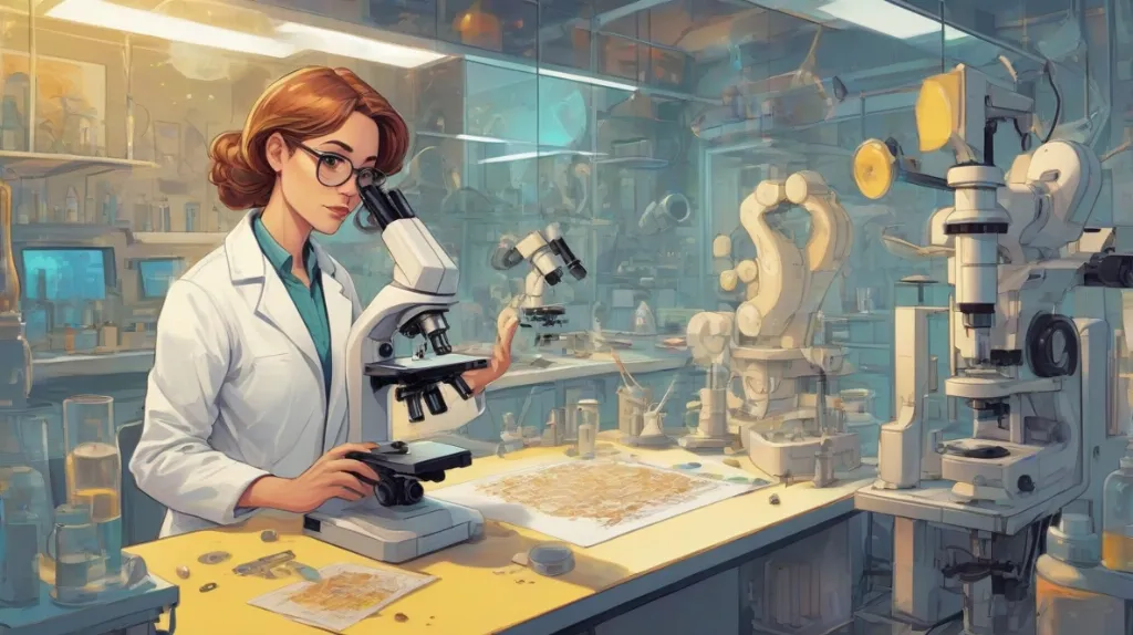 Ilustracja nowoczesnego laboratorium badawczego, z naukowcem w białym fartuchu badającym próbki pod mikroskopem. Laboratorium wypełnione jest zaawansowanym sprzętem, odzwierciedlając współczesne realia. Naukowiec to kobieta, skupiona i zdeterminowana, reprezentująca dążenie do wiedzy i odkryć.