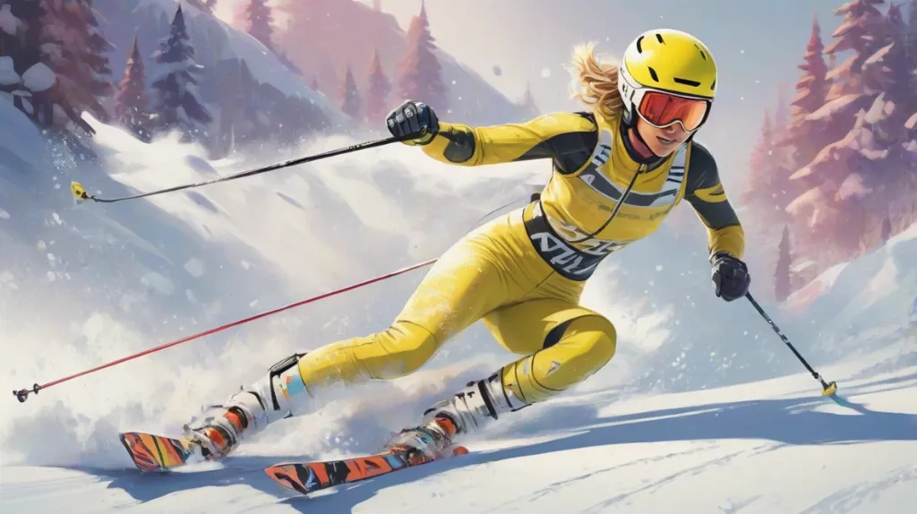 Ilustracja współczesnego narciarza wykonującego slalom na ośnieżonym stoku, ubranego w nowoczesny strój narciarski z skupionym wyrazem twarzy. Narciarz znajduje się na pierwszym planie, ukazując dynamikę ruchu i precyzję.