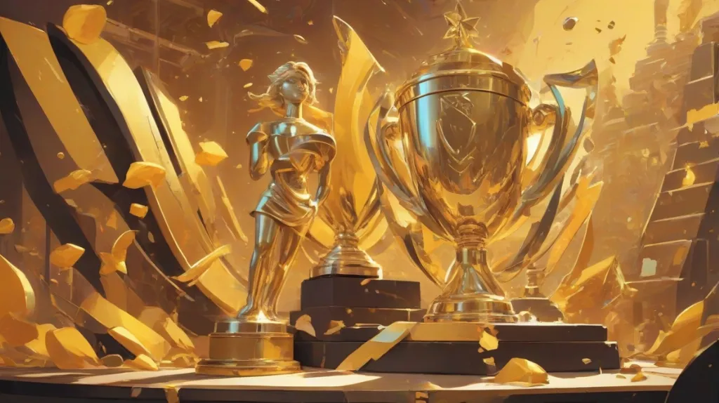 Ilustracja współczesnego trofeum wyeksponowanego na pierwszym planie, symbolizującego osiągnięcie i sukces. Trofeum jest duże i zajmuje większą część kadru, podkreślając jego znaczenie.