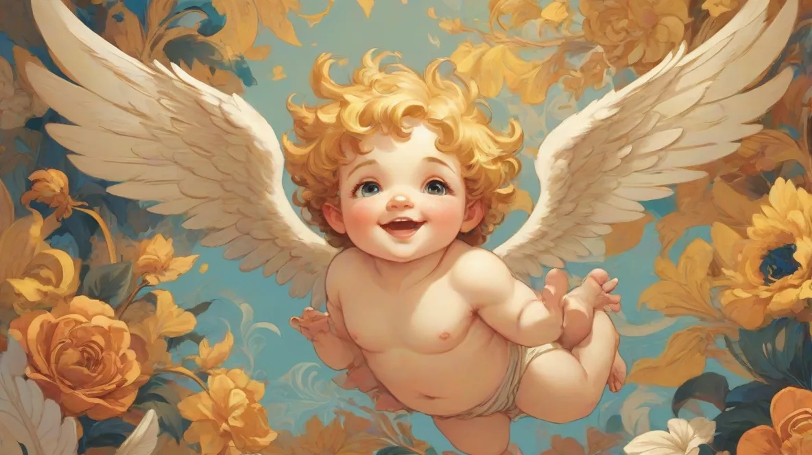 Ilustracja putto, małej cherubinkowej postaci ze skrzydłami, wyraźnie na pierwszym planie. Putto jest przedstawione z radosnym wyrazem twarzy, symbolizując niewinność i czystość, przypominając style sztuki renesansowej i barokowej.