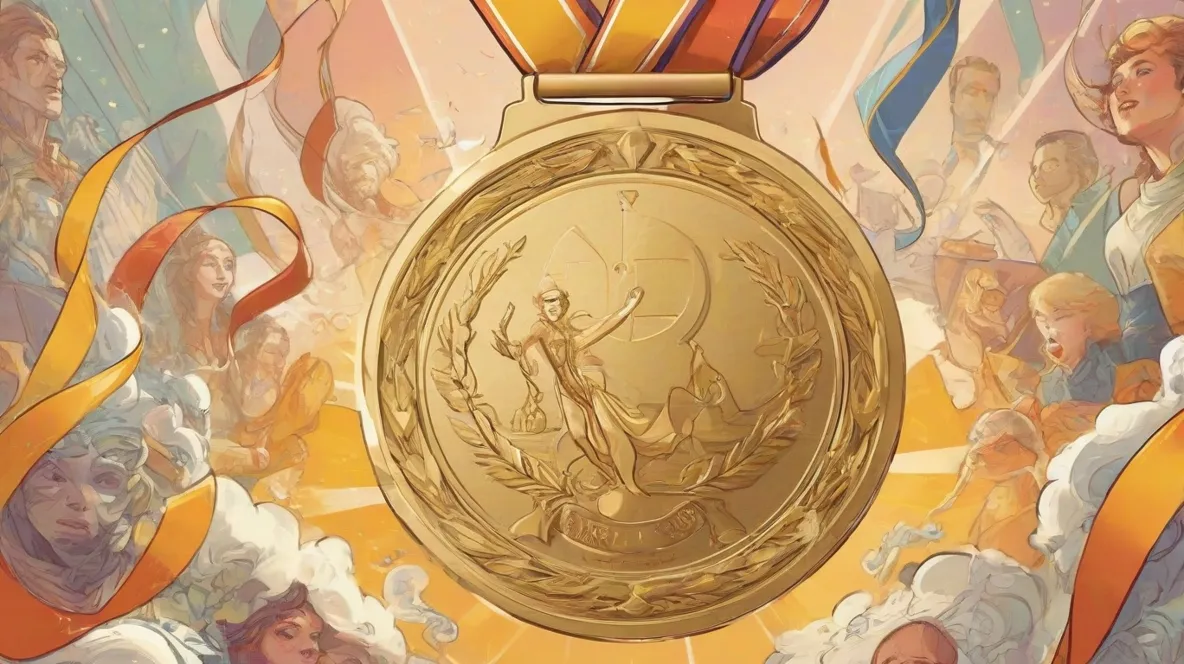 Ilustracja błyszczącego, złotego medalu wyraźnie widocznego na pierwszym planie. Medal jest misternie zaprojektowany, z dołączoną wstążką, symbolizującą osiągnięcie i uznanie. Powinien być centralnym punktem obrazu, oddającym istotę sukcesu.