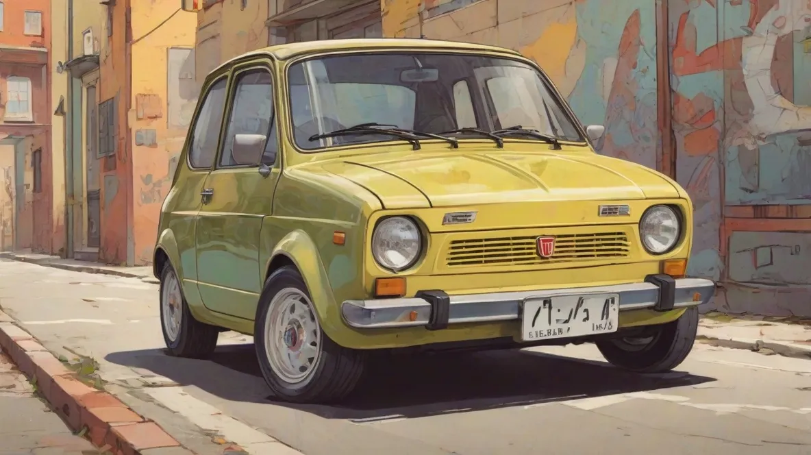 Ilustracja małego samochodu Fiat 126p, znanego w Polsce jako 'Maluch', wyeksponowanego na pierwszym planie. Samochód jest w dobrym stanie, prezentując swój klasyczny design z jaskrawym kolorem typowym dla lat 70.