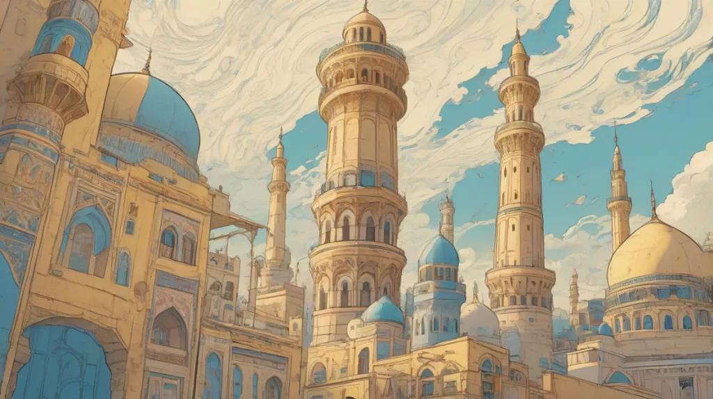 Ilustracja wysokiego, smukłego minaretu stojącego wyraźnie na tle czystego, niebieskiego nieba. Minaret jest misternie zaprojektowany z tradycyjnymi islamskimi detalami architektonicznymi. Słońce rzuca delikatny cień, podkreślając jego elegancką strukturę.