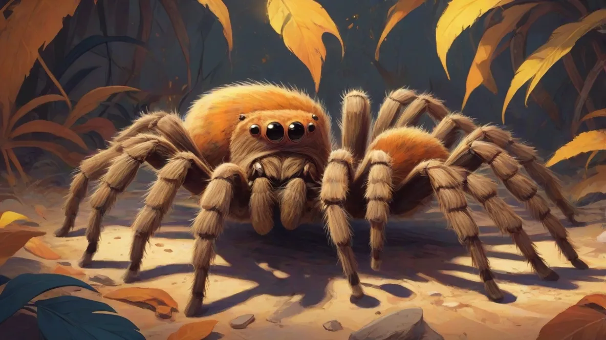 Ilustracja tarantuli wyraźnie umieszczonej w centrum obrazu, ukazująca jej unikalne cechy i imponujący rozmiar. Tarantula jest przedstawiona z żywymi detalami, ukazującymi jej owłosione ciało i długie nogi.