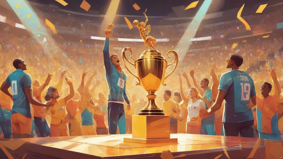 Ilustracja trofeum wyraźnie widocznego na podium, symbolizującego zwycięstwo i osiągnięcie. Sceneria jest współczesna, odzwierciedlająca nowoczesne wydarzenie sportowe.