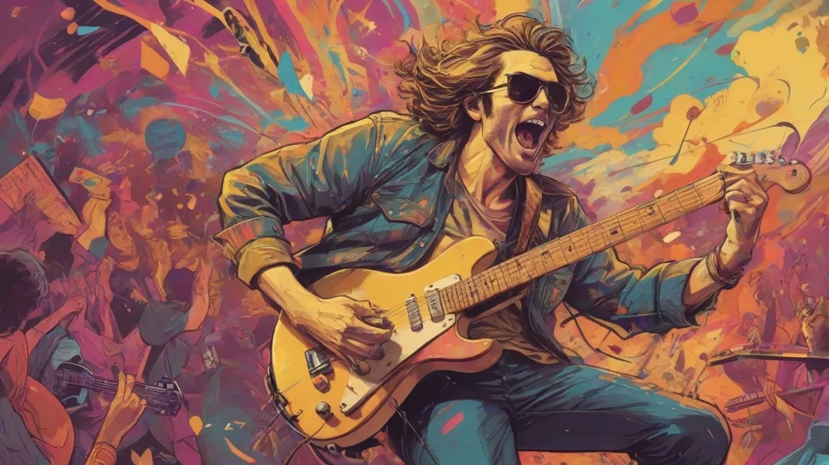 Ilustracja żywej sceny Rock And Roll z gitarzystą na pierwszym planie, uchwycająca istotę wolności i buntu. Muzyk z pasją gra na gitarze elektrycznej, ucieleśniając energetycznego ducha współczesnej muzyki rockowej.