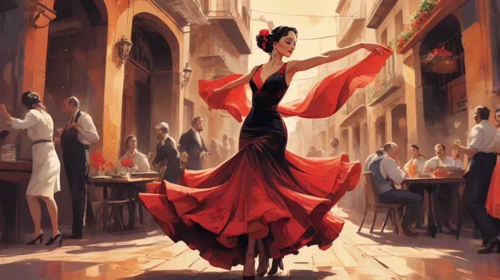 Ilustracja żywiołowej hiszpańskiej tancerki flamenco w tradycyjnej czerwono-czarnej sukni, poruszającej się z gracją we współczesnym europejskim otoczeniu.