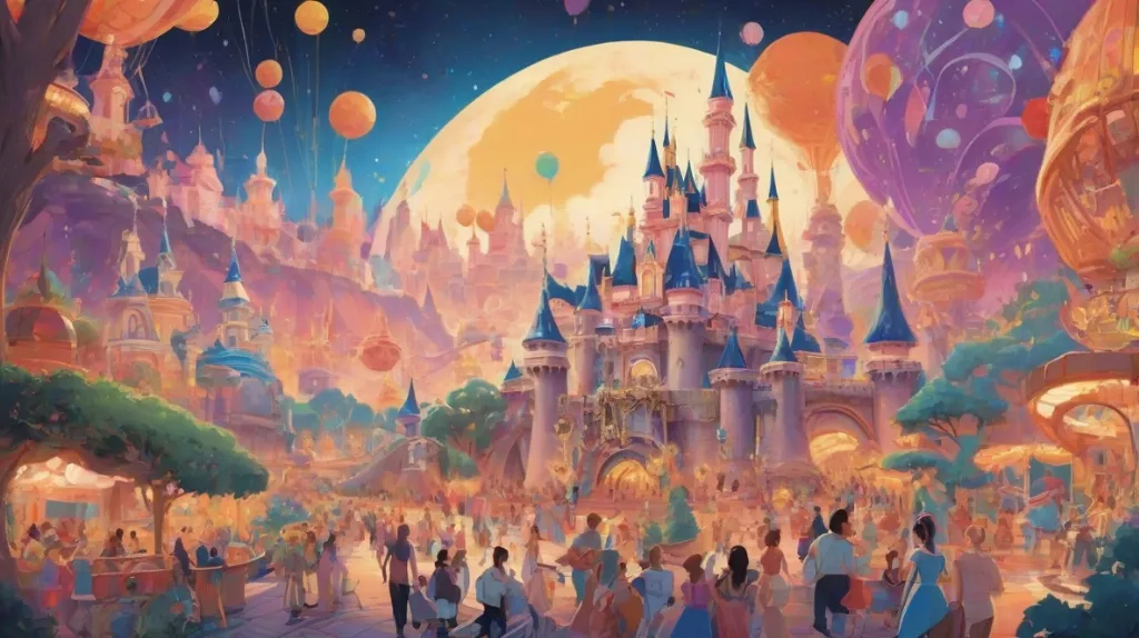 Ilustracja tętniącego życiem i magicznego parku rozrywki Disneyland z ikonicznymi atrakcjami jak Zamek Kopciuszka i Space Mountain, pełnego radosnych gości w różnym wieku, osadzona w współczesnym kontekście.