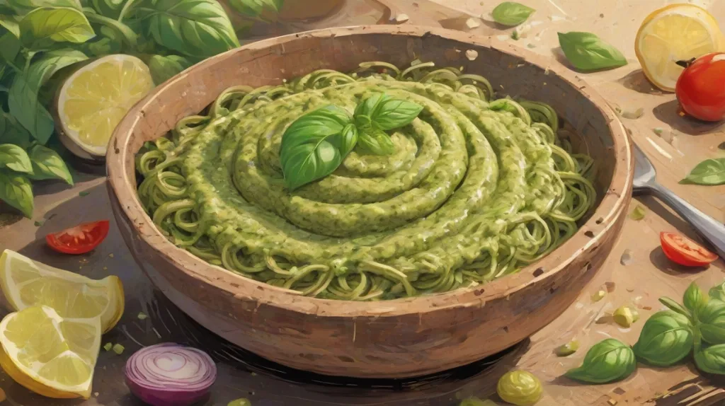 Ilustracja żywego zielonego sosu pesto w rustykalnej misce, zajmującego większość kadru. Sos jest bogaty w teksturę i kolor, symbolizując świeżość i kulinarną rozkosz.