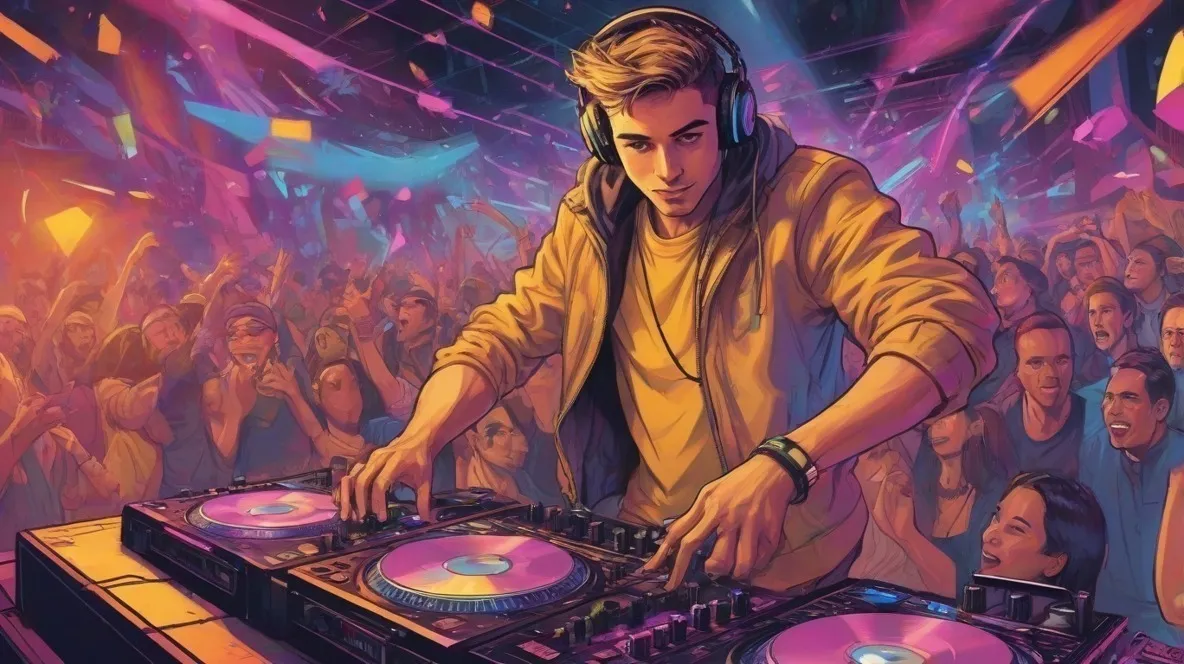 Ilustracja tętniącej życiem sceny techno z DJ-em na pierwszym planie, otoczonym kolorowymi światłami i energetycznymi tancerzami. DJ jest głównym bohaterem, oddającym istotę współczesnej kultury muzyki elektronicznej.