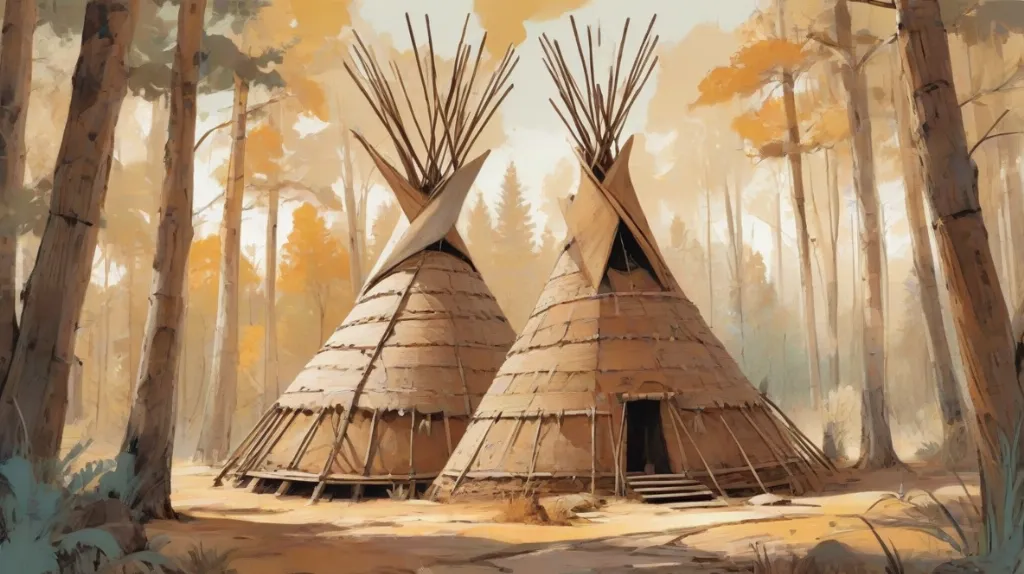 Ilustracja wigwamu, tradycyjnego mieszkania rdzennych Amerykanów zbudowanego z drewnianych pali i pokrytego skórami zwierząt lub korą. Wigwam jest wyraźnie widoczny na pierwszym planie, ukazując charakterystyczny kształt kopuły i skomplikowaną konstrukcję. Sceneria jest współczesna, podkreślając kulturowe znaczenie wigwamu w dzisiejszym świecie.