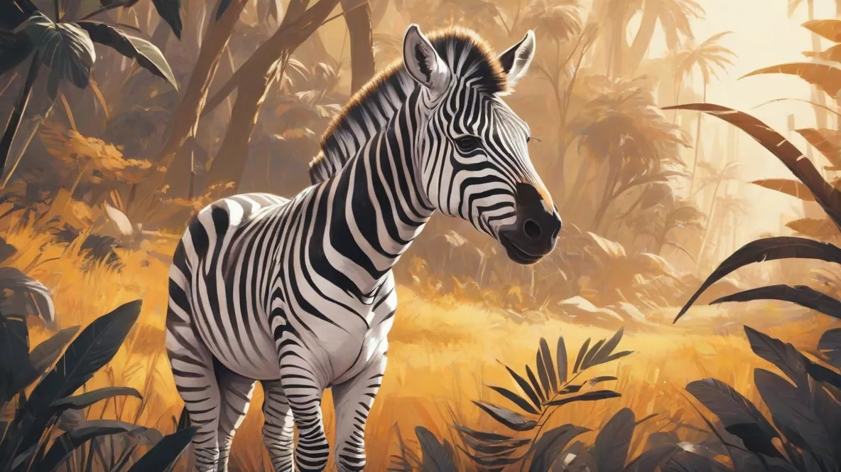 Ilustracja zebry stojącej wyraźnie na pierwszym planie, prezentującej swoje charakterystyczne czarno-białe paski. Zebra jest głównym elementem, zajmującym większą część kadru.