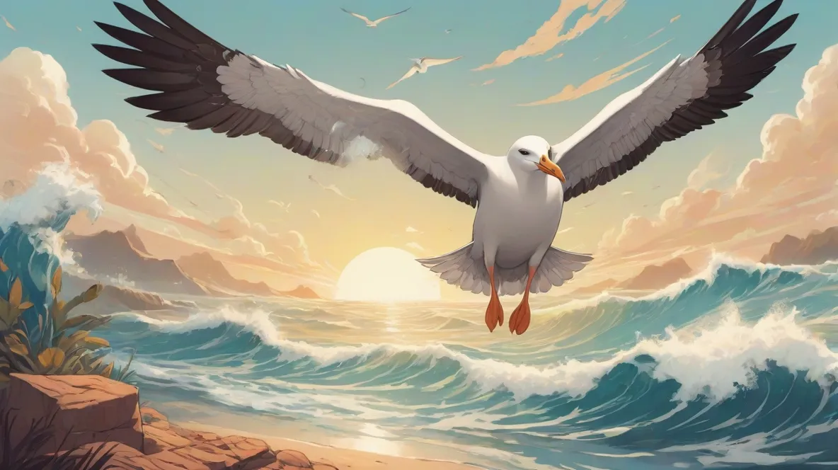 Ilustracja albatrosa z majestatycznie rozpostartymi skrzydłami, dominującego na pierwszym planie. Ptak szybuje z gracją nad oceanem, symbolizując wolność i odkrywanie.