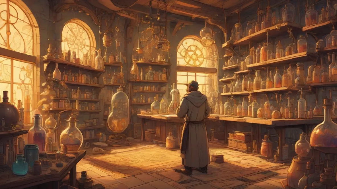 Ilustracja alchemika w współczesnej Europie, z naciskiem na jego skomplikowane laboratorium, z fiolkami, książkami i mistycznymi symbolami, wszystko wyraźnie widoczne na pierwszym planie.