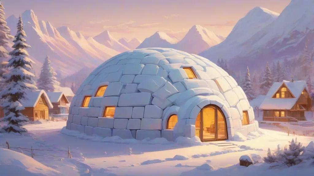 Ilustracja igloo na pierwszym planie, wyraźnie widoczne. Igloo wykonane jest z bloków lodu, ukazując jego skomplikowaną strukturę. Umieszczone na tle śniegu, co podkreśla szczegółowość konstrukcji igloo.