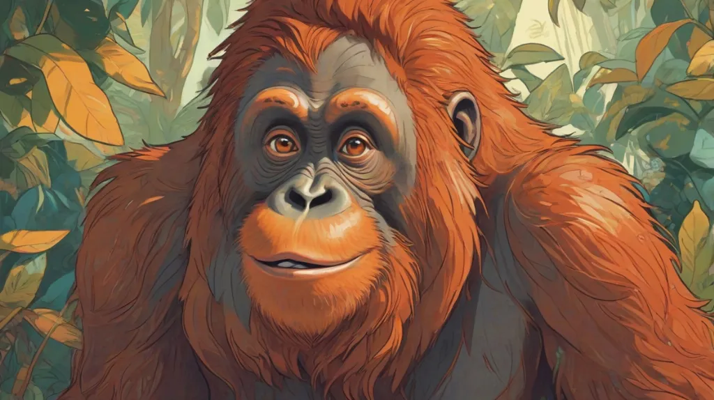 Ilustracja orangutana na pierwszym planie, ukazująca jego charakterystyczne cechy i wyraziste oczy. Orangutan jest przedstawiony w naturalnym otoczeniu, podkreślając jego jaskrawopomarańczowe futro i silne kończyny.