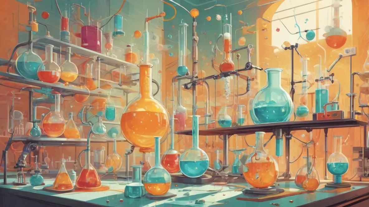 Ilustracja chemii we współczesnym kontekście, koncentrująca się na reakcjach chemicznych i sprzęcie laboratoryjnym. Scena jest dynamiczna, z kolorowymi reakcjami w probówkach i zlewkach oraz wyraźnym przedstawieniem struktur molekularnych. Otoczenie jest nowoczesne, odzwierciedlające postępy w tej dziedzinie.