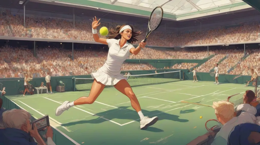 Ilustracja powinna przedstawiać kort tenisowy na Wimbleton, z nowoczesnym zawodnikiem w akcji, uchwycającym istotę rywalizacji i doskonałości. Zawodnik powinien być wyraźnie widoczny na pierwszym planie, pokazując swoją zwinność i determinację.