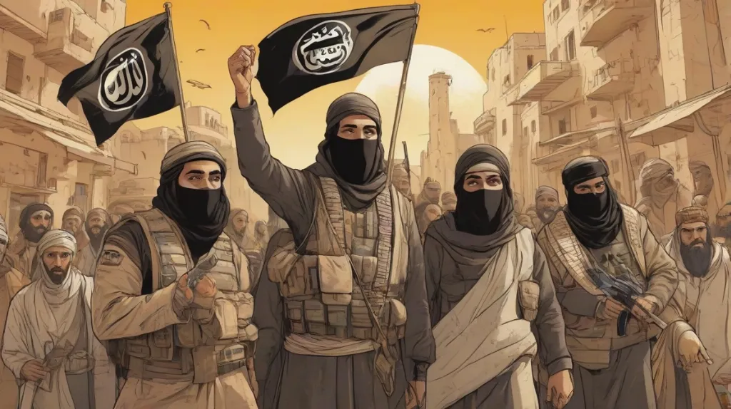 Ta ilustracja przedstawia Państwo Islamskie ISIS w kontekście współczesnym, koncentrując się na wyraźnie widocznym emblemacie grupy na pierwszym planie.